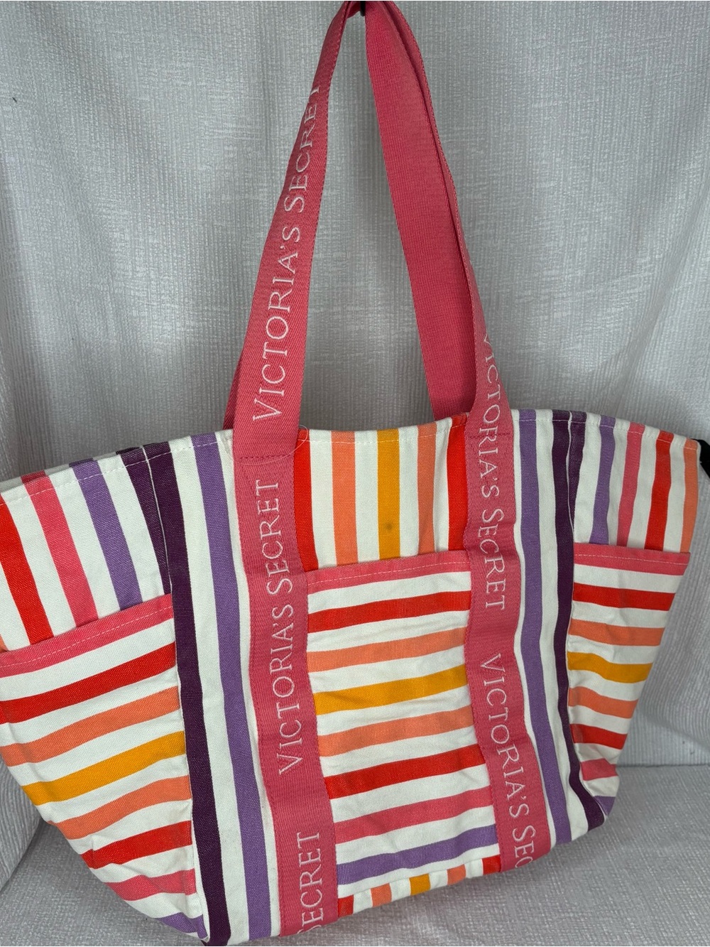 Victoria's Secret Multicolor Striped Canvas Tote with Pink Logo Straps